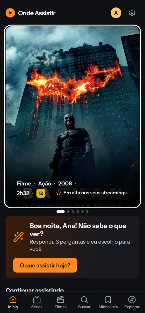 Tela inicial do Onde Assistir no celular