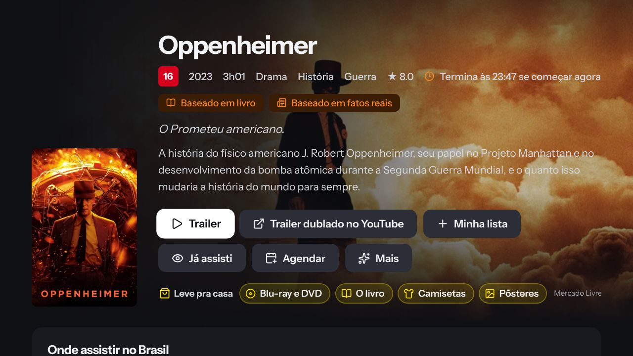 Página de filme com sinopse, trailer, minha lista e já assisti