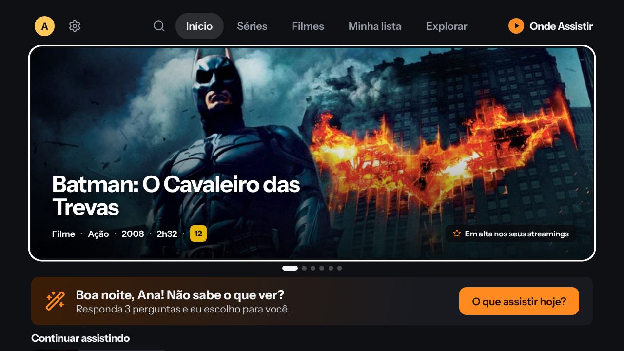 Tela inicial do Onde Assistir na TV, com um filme em destaque e a chamada O que assistir hoje
